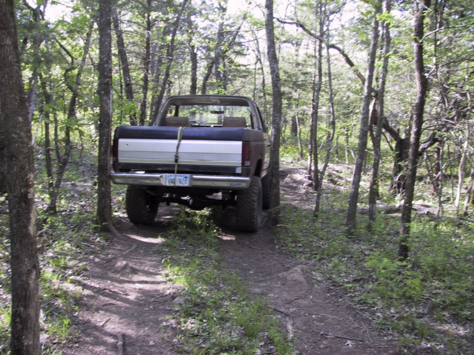 Dark older lifted Ford pickup parked on a wooded dirt trail seen from the rear