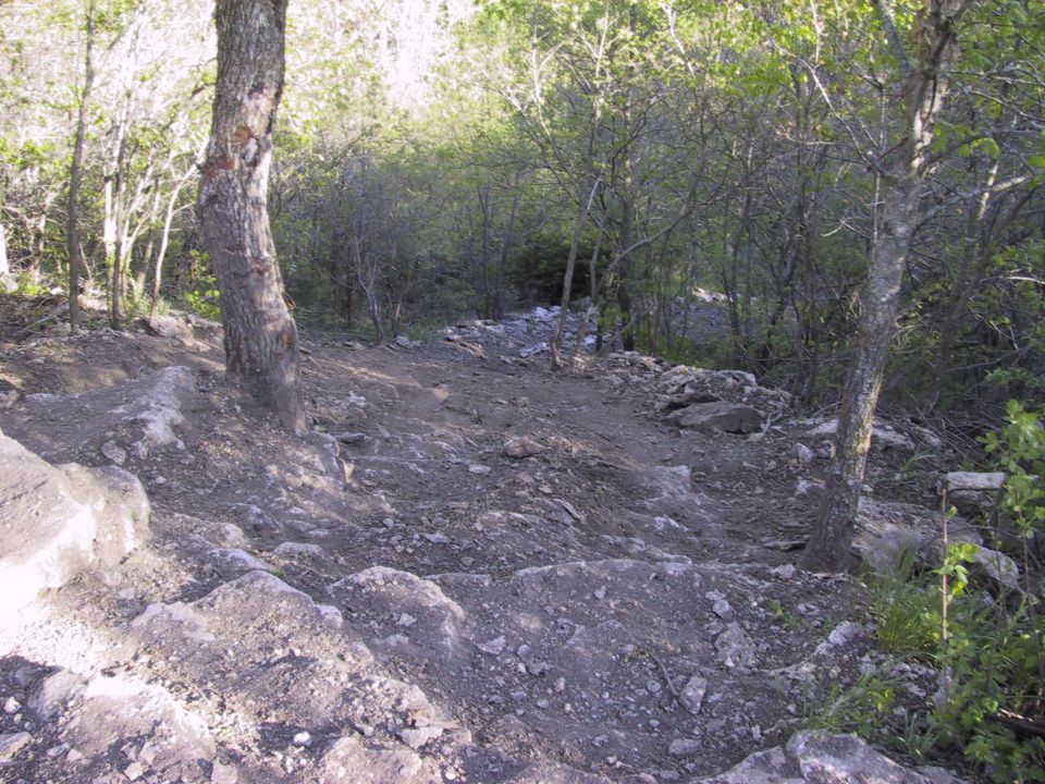 Rutted rocky limestone off-road trail descending through wooded scrub
