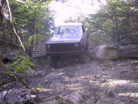 1983 Ford Bronco - Ford Bronco tackling a rough, rocky path surrounded by trees.