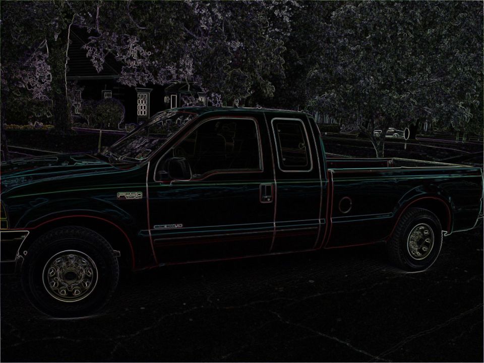 Ford F-250 Super Duty extended cab pickup, side view rendered with a neon glowing-edge filter