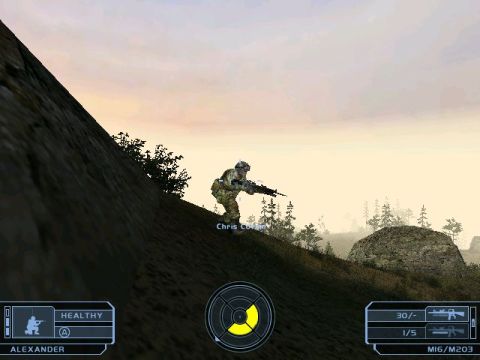 1988 Ford Bronco - Soldier in a video game aiming a rifle on a hillside, with game interface elements visible.