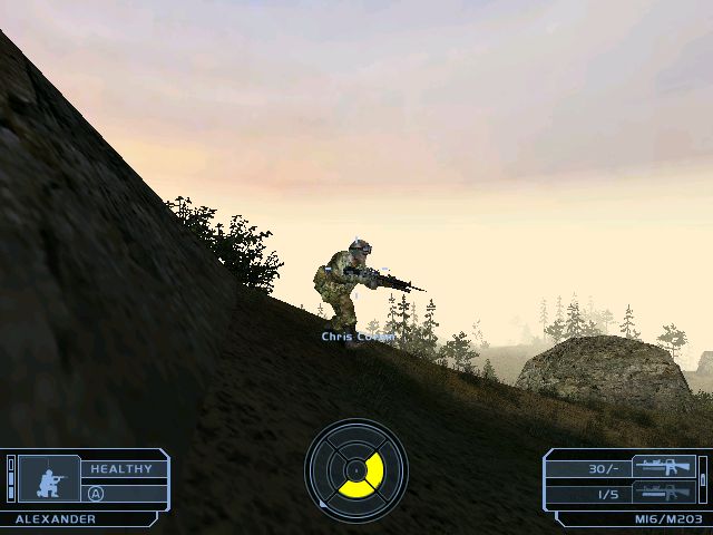 Video game scene showing a soldier aiming a rifle on a hillside with a HUD overlay