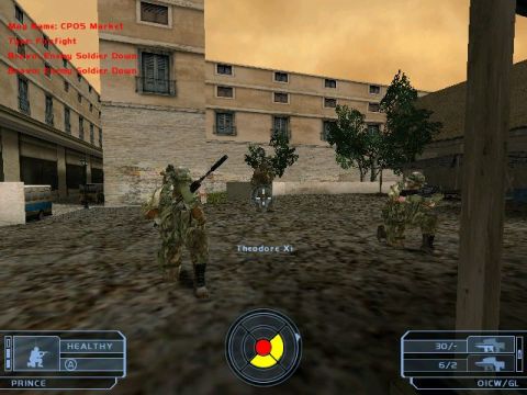 1988 Ford Bronco - This is a screenshot from a video game, depicting a tactical combat scenario in an urban setting with multiple soldiers.