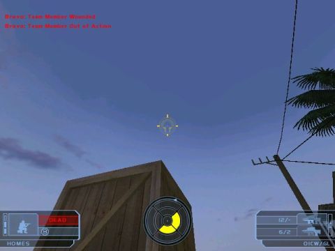 1988 Ford Bronco - A video game scene displays mission status updates and a targeting reticle against a twilight sky.