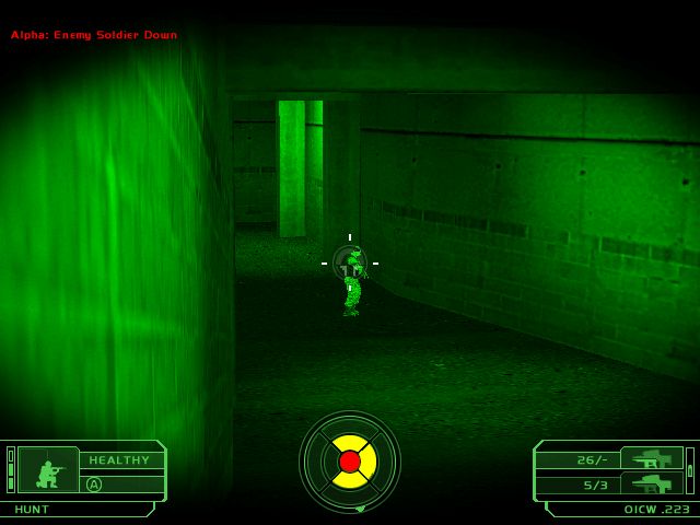 Video game scene in night vision mode showing a hallway with a soldier target and HUD elements