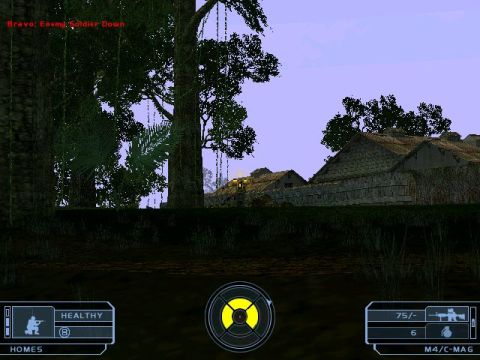 1988 Ford Bronco - A screenshot from a video game displays a tropical village scene with game interface elements.
