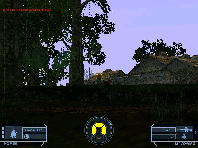 First-person shooter video game screenshot of a jungle hut at dusk with HUD