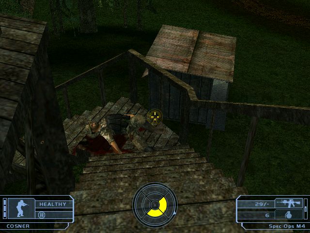 Wooden stairs leading to a small building, with two figures on the stairs, one lying in a pool of blood