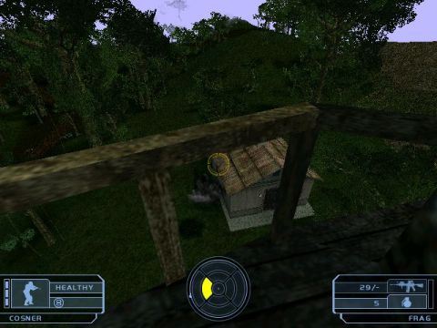 1988 Ford Bronco - A view from a wooden platform in a video game, looking down on a small structure surrounded by dense foliage.