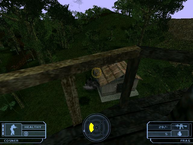 Video game scene from a wooden structure overlooking a small building in a jungle