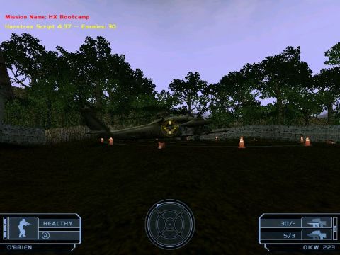 1988 Ford Bronco - A helicopter lies on the ground in a wooded area, with game interface elements displayed.