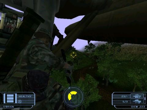 1988 Ford Bronco - A soldier prepares to fire a weapon while observing a dense jungle environment from a damaged vantage point.