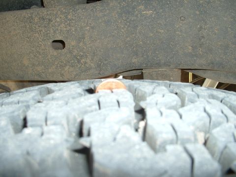 1985 Ford Bronco - A penny is stuck in the tread of a vehicle's tire.