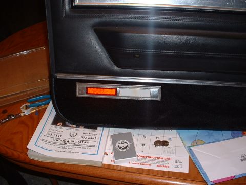 1978 Ford Mustang II - A car's interior door panel is shown with a calendar and coins on a table.