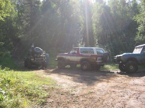 1985 Ford Bronco - Three off-road vehicles are parked on a dirt path surrounded by trees, with sunlight filtering through the canopy.