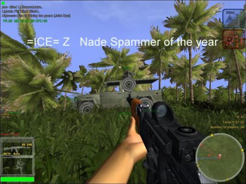 1993 Ford Bronco - A player's view of a military jeep in a jungle environment, with in-game text overlay.
