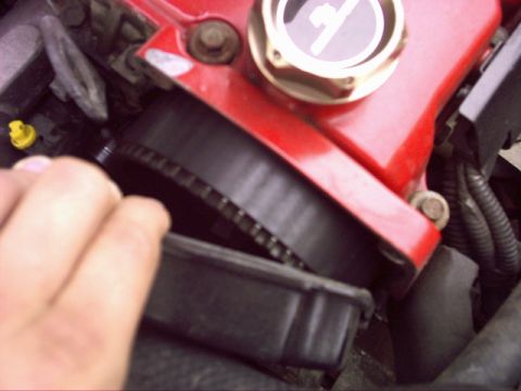 1997 Ford Probe - Engine timing belt with red cover visible.