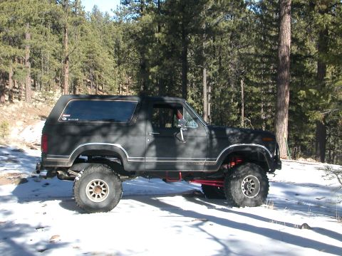 1984 Ford Bronco - A modified black Ford Bronco sits in a snowy wooded area, its lifted suspension and large tires evident.