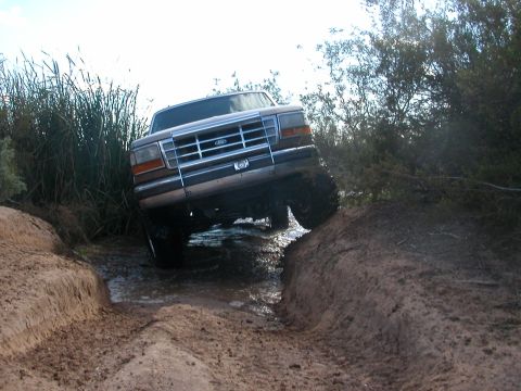 1992 Ford F-150 - This 1992 Ford F-150 is shown off-roading through a muddy, watery track surrounded by vegetation.
