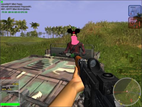 1993 Ford Bronco - A player's perspective in a video game, showing a character with unusual headwear and a face covering.