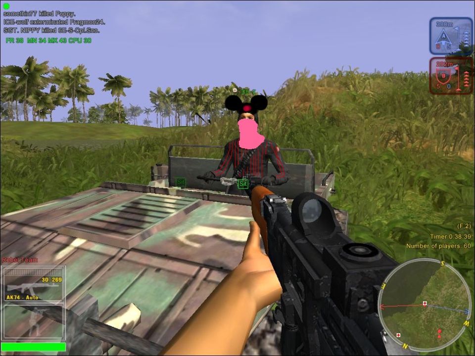 First-person view in a video game, looking at a character with Mickey Mouse ears and a pink mask