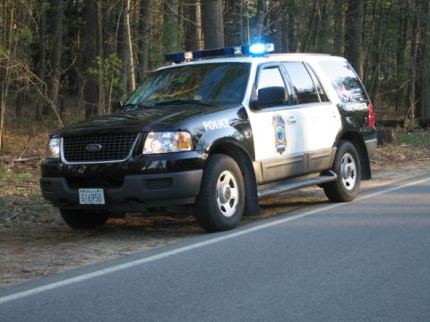 1991 Ford LTD Crown Victoria - This police SUV is parked on the shoulder of a road, with a wooded area behind it.