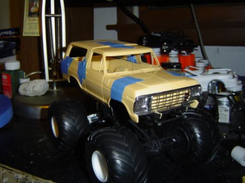 1979 Ford Bronco - Model kit of a 1979 Ford Bronco with custom monster truck tires and paint prep.