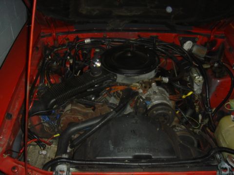1986 Ford Mustang - The engine bay of a red 1986 Ford Mustang shows a V8 engine with various components and wiring.