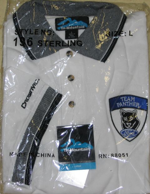 2000 Ford Crown Victoria - White polo shirt with 'CrownVic' and 'Team Panther' patches, size L, made in China.