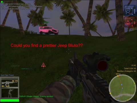 1993 Ford Bronco - A pink jeep is visible in a video game scene with a tropical environment.