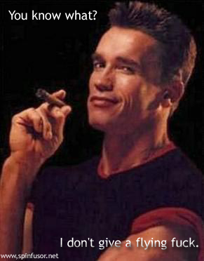 1986 Ford Bronco - Arnold Schwarzenegger is pictured holding a cigar, with text overlays "You know what?" and "I don't give a f***".