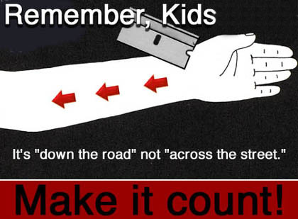1986 Ford Bronco - This meme illustrates the difference between 'down the road' and 'across the street' using a visual metaphor.
