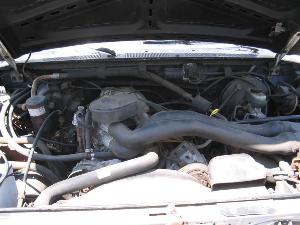 engine bay with hoses, belts, and engine components visible