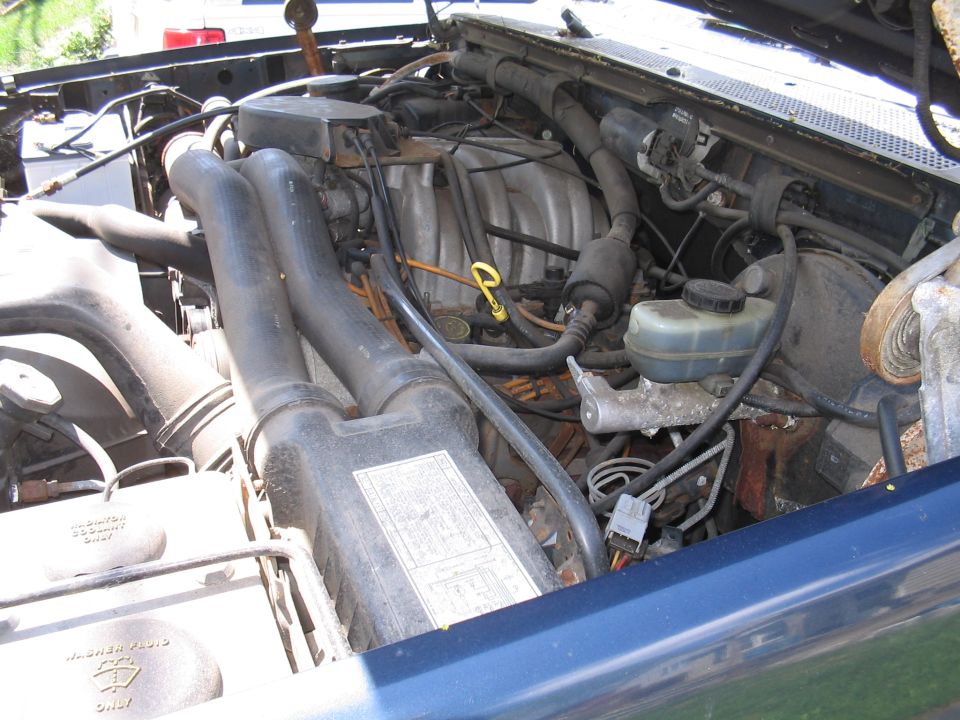 Blue vehicle engine bay with hoses, wiring, and brake fluid reservoir