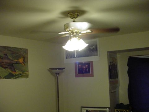 1998 Ford Crown Victoria - A ceiling fan with lights is mounted on the ceiling of a room.