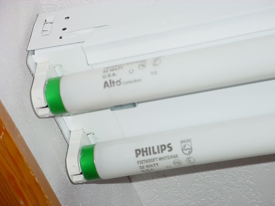 This is a T-8 Fluorescent bulb in a T-8 fixture.   The fluorescent bulb is thinner then that of a T-12 (what most people are used to) The T-8 uses less energy then the T-12 and uses a different type of ballast.  You should NEVER EVER EVER use a T-8 bulb in a T-12 fixture, I have seen electrical fires result.  On the otherhand sometimes T-12 bulbs can be used in T-8 fixtures.