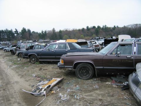 1991 Ford LTD Crown Victoria - Junkyard scene with multiple Ford Crown Victorias lined up, one in brown with a flat tire.
