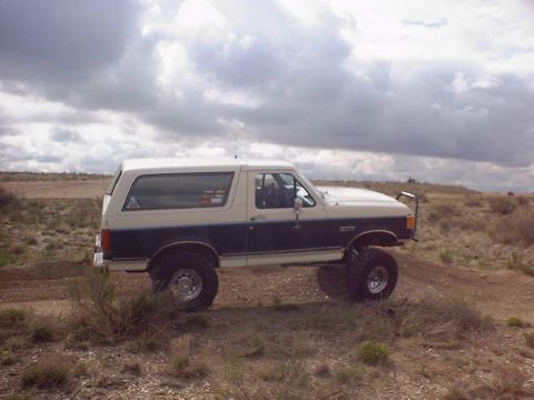 1988 Ford Bronco - A lifted Ford Bronco with two-tone paint sits on a dirt trail under a cloudy sky.