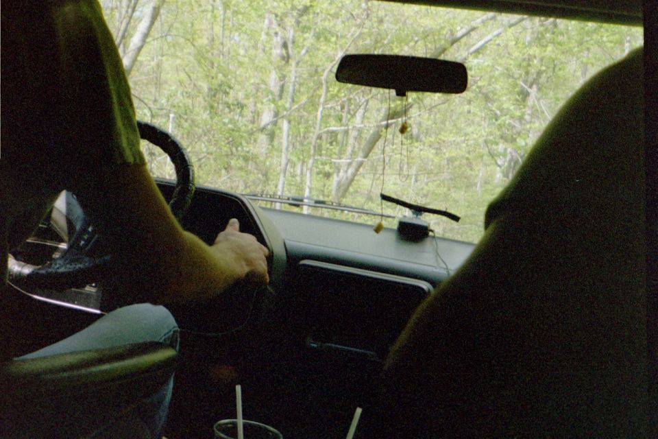Driver's hand on steering wheel inside a vehicle, looking out at trees