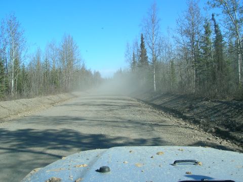2003 Jeep TJ - Driving on a dirt road kicked up dust, surrounded by trees under a clear blue sky.