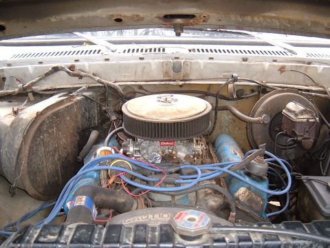 1979 Ford Bronco - The engine bay of an older vehicle is shown, a V8 engine with a prominent air filter and carburetor.