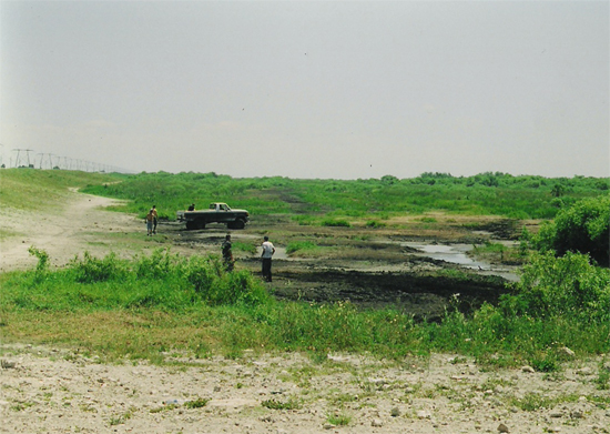 Pickup truck stuck in muddy terrain with people standing nearby