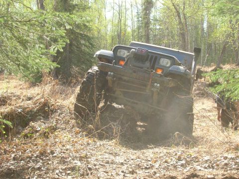 2003 Jeep TJ - A Jeep TJ navigates a wooded trail, its tires kicking up dirt and debris as it climbs.