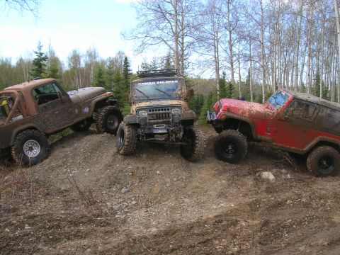 2003 Jeep TJ - Three Jeeps are positioned on a muddy, uneven terrain, suggesting an off-road excursion.