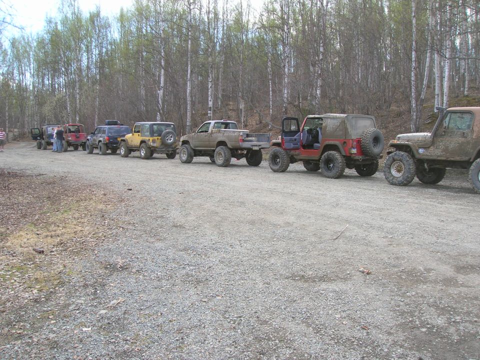 Line of modified Jeeps and a pickup truck on a gravel road, with trees in the background