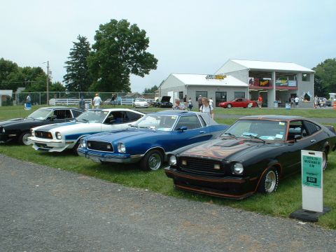 1978 Ford Mustang II - A row of classic cars, including a 1978 Ford Mustang II, are parked on the grass at an outdoor event.