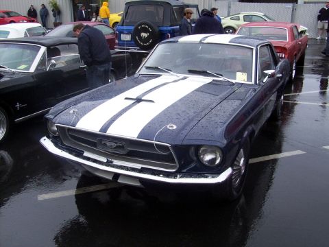 2002 Ford Mustang - A classic dark blue 1967 Ford Mustang with white racing stripes is displayed outdoors on a rainy day.