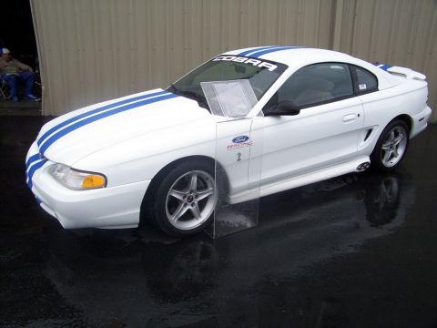 2002 Ford Mustang - White Ford Mustang Cobra with blue racing stripes and a Ford Racing decal is displayed.