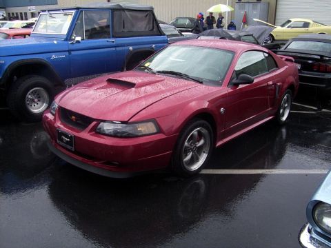 2002 Ford Mustang - Red 2002 Ford Mustang coupe with hood scoop, parked outdoors on a wet day.