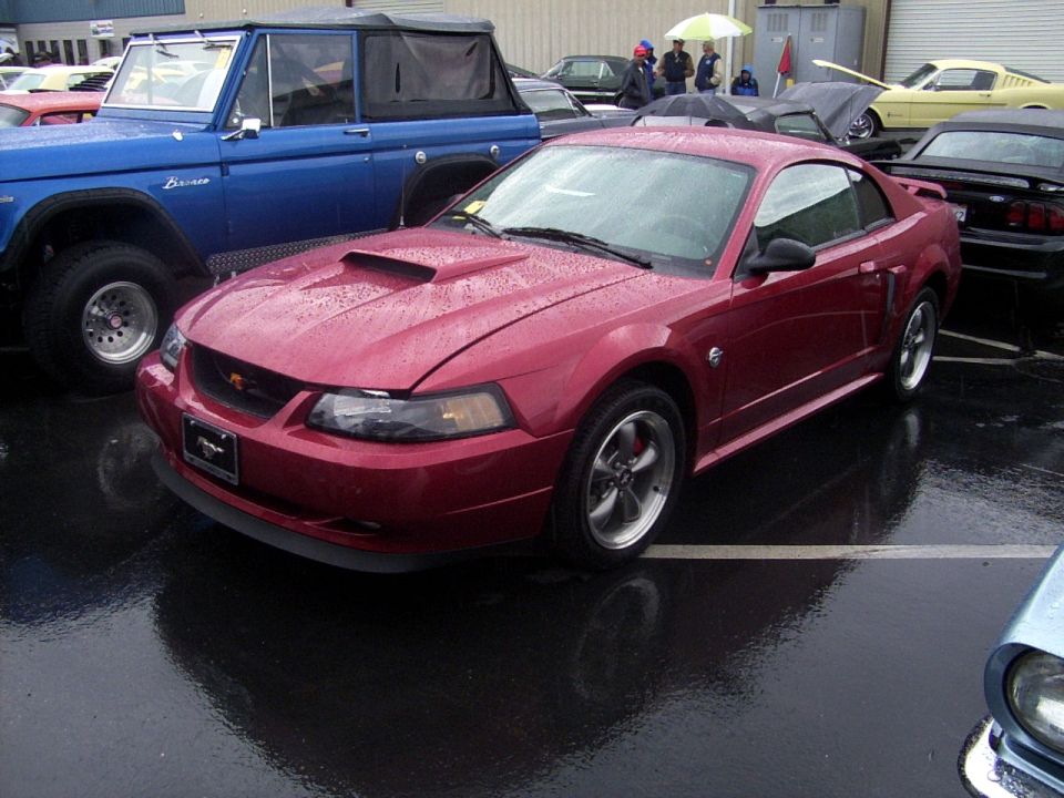 Red 2002 Ford Mustang coupe parked next to a blue Ford Bronco